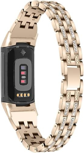 Fsavlroy Dünn Armband Kompatibel mit Fitbit Charge 6/Charge 5 Armbänder,Slim Dressy Diamant Glitzer Band Charge 5/6 Edelstahl Ersatzarmband with Bling für Damen