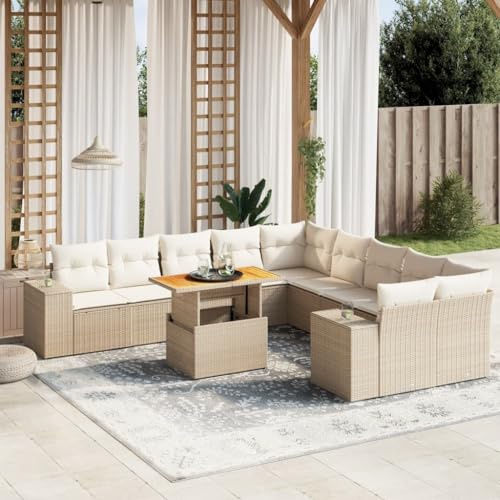 QJBSAVVA 11-TLG. Rattan-Ecksofa-Set beige, höhenverstellbarer Tisch 62x62x69 cm, für Garten/Terrasse/Balkon