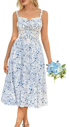 SCARLET DARKNESS Women Floral Corset Dress Summer Casual Milkmaid Sundress with Pockets White Dark Blue Floral S