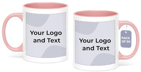 Cimpress Personalised Photo & Text Mug, 325 ml, Pack of 50, Pink | Custom Coffee & Tea Mugs with Business Logo, Bulk Pack, Corporate Gift for Colleagues
