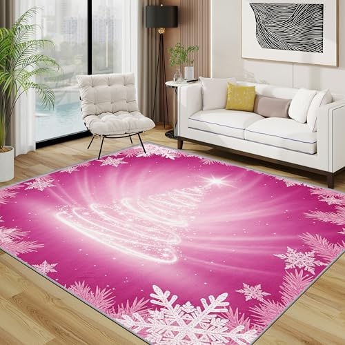 TerroVee Rosa Teppich 200x200 cm, Weihnachten Mädchen Waschbarer Teppiche Wohnzimmer, Träumhaft Weihnachts rutschfest Antirutsch Groß Teppiche Für Esszimmer, Quadratisch, Rosa