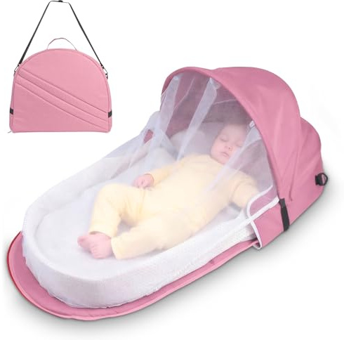 WoRaum Baby Nest,Baby Bettchen Nest, atmungsaktiver Babylounger,Portable Baby Reisebett mit Moskitohaube – Inklusive Matratze & Tragetasche – Leicht & Kompakt (Rosa)