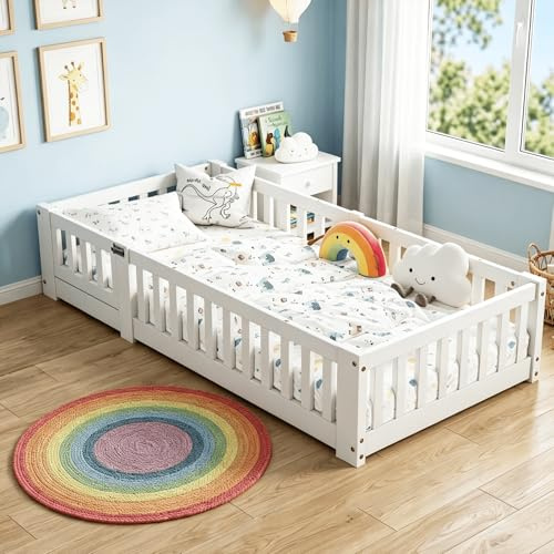 Lazyspace Bodenbett Kinderbett 120x200 cm, Montessori Bett Kinder mit Rausfallschutz inkl. Lattenrost, Einzelbett mit Babytür, Rahmenbetten aus Kiefer Massivholz, Bettgestell Jugendbett, Weiß