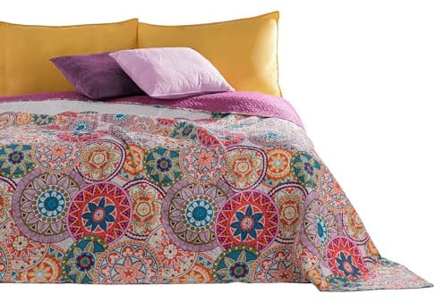 DecoKing 12222 Tagesdecke 200x220 cm rosa violett weiß bunt anthrazit Bettüberwurf zweiseitig colourful pink white violet Steppung Bibi