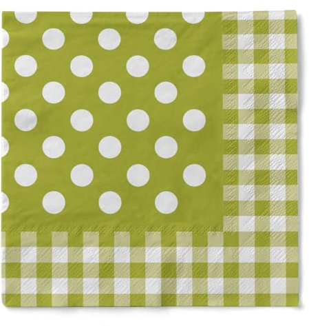Sovie HOME Serviette Anton in Kiwi aus 3-lagiges Tissue, 33x33cm, 20 Stück, 1/4 Falz, Design weiße Punkte Karobordüre, hochwertig, festlich, dekorativ, Party, Feier