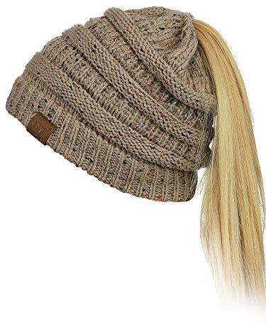 C.C BeanieTail Beanie-Mütze, weich, dehnbar, mit Zopfmuster, für Pferdeschwanz, Konfetti taupe, Einheitsgröße