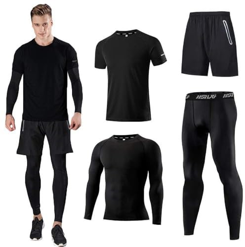 Kompressionsanzug Herrenanzug Trainingsanzug 4-teiliges Herren atmungsaktives Sportswear Laufanzug Kurzarmhemd Kompressionshemden Halbhose Strumpfhose Schwarz-XL