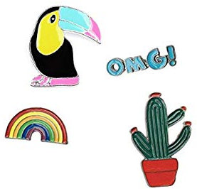 Beyond Brosche Anstecknadel Anstecker Pins 4 Stück Set Kaktus Regenbogen Tukan OMG