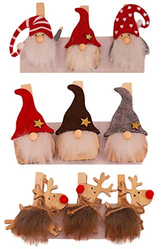 PRETYZOOM 9 Stücke Mini Holzklammern Tomte Gnom Holz Clips Wichtel Rentier Figur Kleine Holz Wäscheklammern Zierklammern Basteln Klammern Foto Clips für Weihnachten Fotowand Geschenktüten