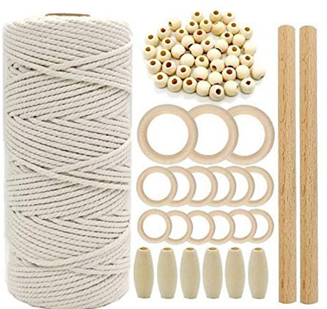 ikasus Makramee Set,Makramee Baumwolle 3 mm x 100 m Makramee Garn,Makramee Schnur mit Holzperlen,Holzringe,Holzstäbchen für Wandbehang Pflanzenaufhänger Hängepflanze DIY Dekoration Weben Stricken
