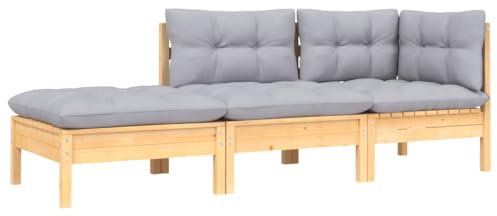 vidaXL Garten Lounge Set 3-TLG., Gartenmöbel Set Sitzgruppe für Garten Terrasse Balkon, Modular Sofa mit Grauen Kissen, Garnitur Loungemöbel, Kiefer Massivholz