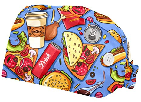 2 Stück Arbeitskappen mit Knopfverschluss und Schweißband für Damen und Herren, Einheitsgröße, Hamburger, Hot Dog, Pommes Frites, Cola, Kaffee, Pizza-Muster