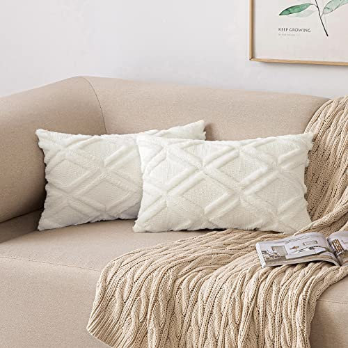 MIULEE 2er Set Kissenbezug Zierkissen Wolle Kissenbezüge Samt Fellkissen kissenhülle kuschelkissen Boho Deko Kissen Flauschig Sofakissen Dekokissen für Sofa Schlafzimmer 40x60 cm Milchweiß