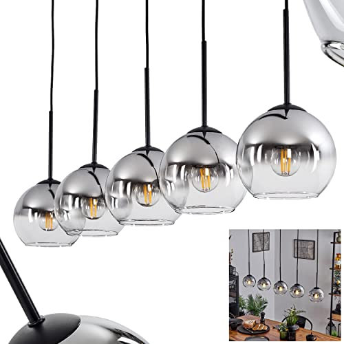 Hängeleuchte Koyoto, Hängelampe aus Metall/Glas in Schwarz/Chromfarben/Klar, Leuchte 5-flammig im Vintage/Retro Design mit Schirmen aus Glas (Ø 15 cm), Höhe max. 147,5 cm, 5 x E27, ohne Leuchtmittel