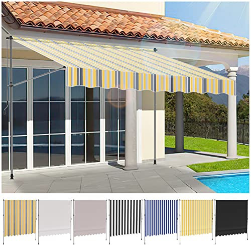 Ikodm Klemmmarkise mit Handkurbel 300cm Gelb Blau Balkonmarkise ohne Bohren, UV-beständig 50+ höhenverstellbar Sonnenschutz wasserabweisend, einfache Montage