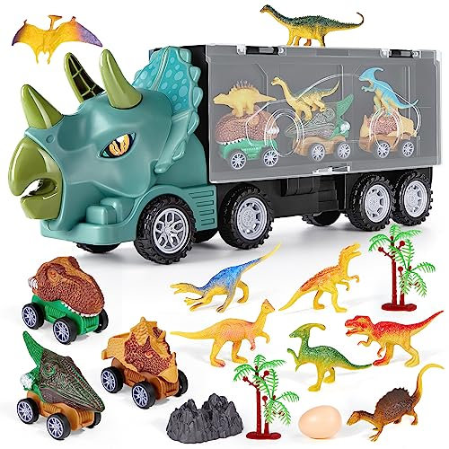 Japace Dinosaurier-LKW-Spielzeug für Kinder ab 3 4 5 Jahre,Triceratops Autotransporter Spielzeug mit 11 Dino Figuren,Jurassic Dinosaurier World,Dinosaurier Spielset Geschenk für Jungen Mädchen