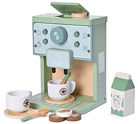 Donmills Kids Wooden Toys Toddler Pretend Play Kitchen Accessories Green Coffee Maker Espresso Machine Playset Montessori Kitchen Toy Gift Age 3+ for Girls and Boys