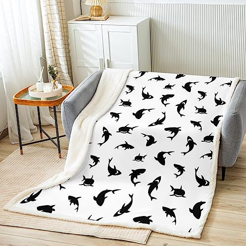 Shark Sherpa Blanket Twin 152,4 x 203,2 cm Ocean Marine Life Theme Fleece Throw Blanket for Bed Sofa Couch Kids Decor White Print Plush Blanket Utra Soft Sea Animal Fuzzy Blanket Bedroom Black Flannal