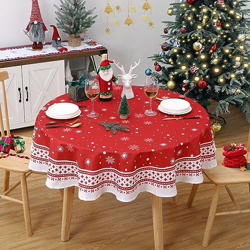 Rund Tischdecke Weihnachten Dekoration für Esszimmer Tischtuch Wasserabweisend Tischwäsche abwischbar Tischdecke abwaschbare Tischedeke für Küche,Rot Rund,152cm