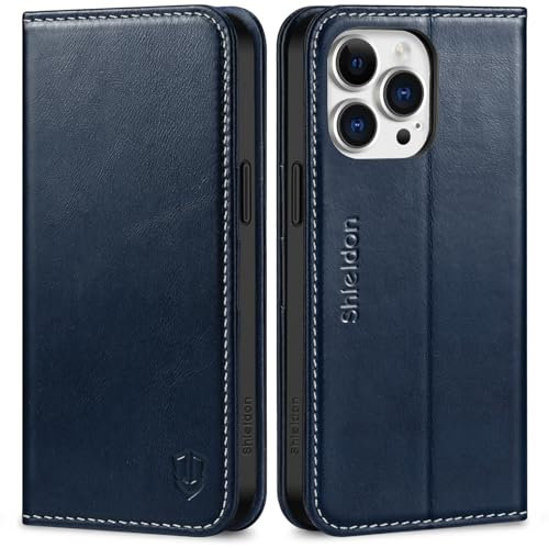 SHIELDON Hülle für iPhone 15 Pro Max, Schutzhülle [Rindsleder] [Stoßfest] [Kartenfach] [Magnet] [Stand] [RFID Blocker] TPU Etui Kompatibel mit iPhone 15 Pro Max 6,7 - Retro Dunkelblau