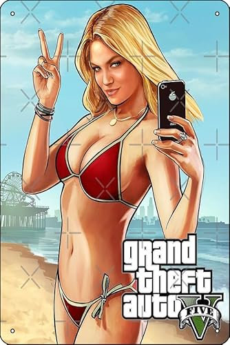 Grand Theft Auto V Girl Bikini Beach - Girl Selfie GTA V Poster 8 x 12 Zoll Lustiges Metall Blechschild Spielzimmer Man Cave Wanddekoration