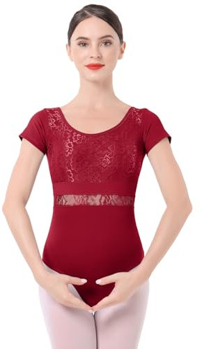 IMEKIS Damen Ballett Trikot Kurzarm Blumenspitze Ballettanzug Einfarbig Gymnastik Trikots mit Abnehmbaren BH Pads Einteilig Tanz Body Sportlich Rückenfrei Ballerina Tanzkleidung Kostüm Weinrot L