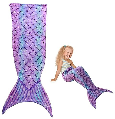 Dandelionsky 50x145cm Mermaid Tail Blanket, Little Mermaid Wearable Blanket for Girls Gifts, Ultra-Soft Flannel Sleeping Blanket Fish Scale Pattern Snuggle Blanket for Toddlers Teens Birthday (Purple)
