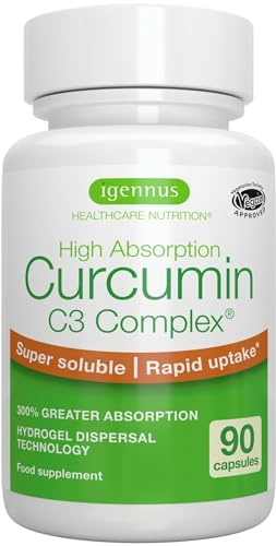Igennus Curcumin C3 Complex, 95% standardisierter Extrakt, 90 Kapseln | Hydrogel-Technologie bis zu 300% höhere Bioverfügbarkeit im Vergleich zu Standard-Curcumin, 1 Kapsel täglich