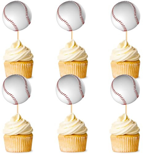 Ercadio 24 Pack Double Sided Base Ball Cupcake Toppers Sports Base Ball Cupcake Picks Base Ball Birthday Cake Decorations Baby Shower Base Ball Sports Theme Party Cake Decoration