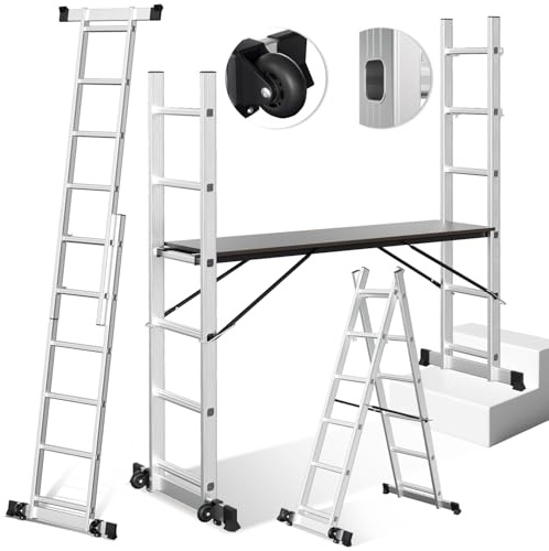 Daromigo Mehrzweckleiter 4x4, 4 in 1 Aluminium Leiter, klappleiter, Mobiles Gerüst, Anlegeleiter, Steigleiter Arbeitsbühne, Multifunktionsleiter Maximale Belastung 150 KG, Silber