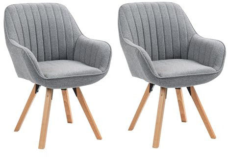 MEUBLE COSY Lot de 2 Chaise Salle à Manger Scandinave Fauteuil Coiffeuse Siège Pivotant avec Accoudoirs pour Chambre Salon Cuisine Bureau, Rembourré en Tissu Pieds en Bois Massif, Gris, 60x58x83cm