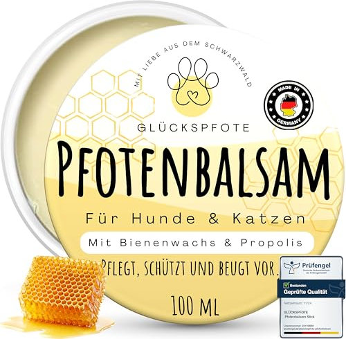 GLÜCKSPFOTE Pfotenbalsam 100ml für Hund Katze [Testsieger] | Verbesserte Rezeptur - mehr Bienenwachs - gegen trockene rissige Pfoten | Pfotenpflege als Pfotenschutz f. Sommer Winter f. Hunde Katzen