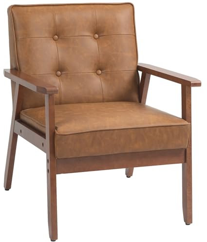 HOMCOM Armchair, PU Leather Accent Chair, Occasional Chair with Rubber wood Frame for Living Room, Reception, Bedroom, Balcony, Brown