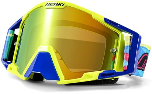 NENKI Lunettes Moto Cross, Masque Moto Cross avec protection du nez, Lunettes de Ski pour hommes et femmes, pour les sports de plein air, comme Lunette Moto (Jaune et bleu & lentille jaune)