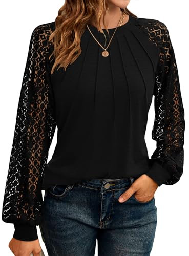 WNEEDU Blusas de Mujer Elegantes Camisa De Primavera Y Otoño Cuello Redondo Camisa De Manga Larga Encaje Camiseta Casual