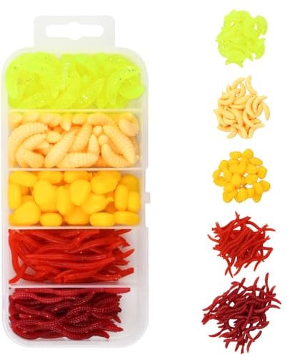 Dokeno 161pcs Appâts de Pêche Faux Asticots en Plastique Souple vers en Plastique Souple vers de Pêche Appâts Souples Appâts de Pêche en Plastique Leurres de Pêche en Caoutchouc Artificiels en Boîte