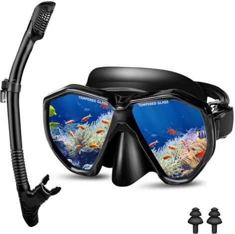 Farerkass Juego De EsnóRquel para Adultos, MáScara De Buceo Impermeable MáScara De EsnóRquel PanoráMica, Vidrio Templado Antifugas Y Antivaho con Gafas De Buceo Y EsnóRquel Seco(Negro)