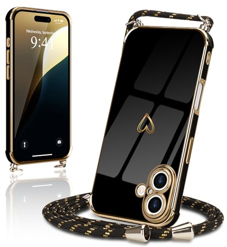 Micoden Handykette für iPhone 16 Hülle Necklace mit Band Herz Design | Kameraschutz Handyhülle Herz Design Galvanik Dünn Silikon Case Bumper Kordel zum Umhängen Stoßfeste Schutzhülle, Schwarz