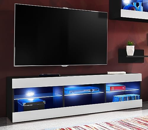 Komodee Banc TV Tivoli, Blanc Noir, Largeur 140 cm x Hauteur 40,5 cm x Profondeur 35,5 cm, LED Bleues, pour Salon, Chambre