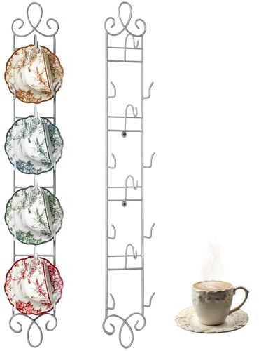 Blulu 2 Pcs White Metal Tea Cup Display Rack Vertical Wall Mounted 4-Layer Tiered Shelf Organizer Storage for 4 Cups and Plates Home Decor Cafe/Bar Display 36 x 5 Inches