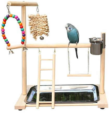 DWE Wooden Bird Playground, Parrot Perch Stand with Tray Feeder Cup Ladder Swing Toys, Budgie Gym for Conures Parakeet Cockatiel Parrots (A)