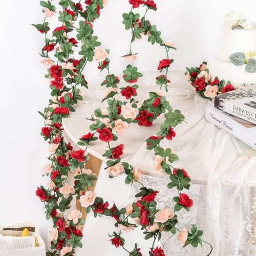 2 Pcs Artificial Flower Hanging Rose Garlands Fake Rose Vine Flowers Plants DIY Wreath for Garden Craft Art Decor Home Wedding Party 8.2ft/2.5m (Wine Red and Champagne)