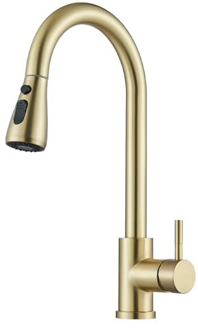 Solid HARNART Gold Taps,Stainless Steel Sink Kitchen Mixer taps with Pull Out Spray Hose 1 Hole,360° Swivel Kitchen Mixer Tap with 3-Mode Sprayer