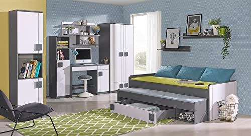 Jugendzimmer Gumi – Kinderzimmer- Komplett Set in in Anthrazit und Weiß, mit normalem Jugendbett oder Hochbett - Verschiedene Set Varianten wählbar (10 teilig mit Funktions- Jugendbett)
