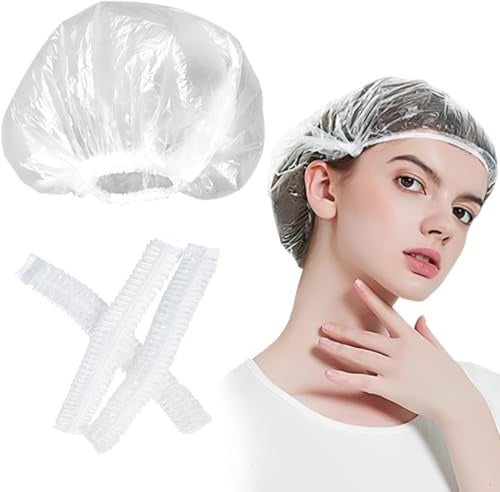 FENQURO 100 PCS gorros desechables, gorro ducha, Gorros de Ducha Desechable, Gorros Ducha Impermeable, Gorros Desechables Estetica, Shower Cap para uso en el hogar, hotel, Spa y peluquería