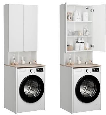 PLATAN ROOM Armadio per lavatrice e asciugatrice, 210 x 65 x 56/25 cm, bianco (bianco opaco/rovere Sonoma, profondità 56 cm)