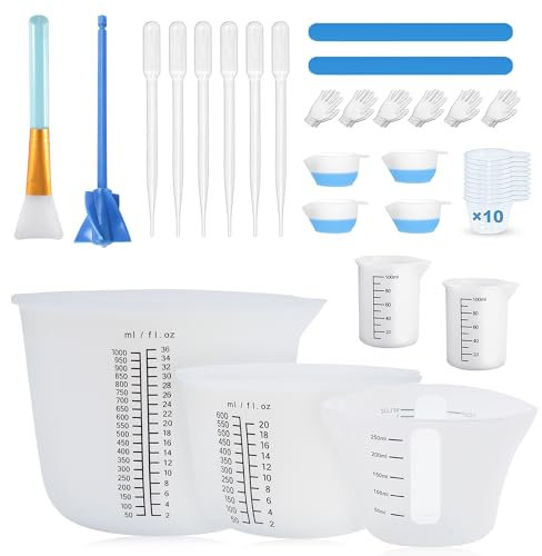 Juego de vasos medidores de silicona para resina epoxi, vaso mezclador de resina epoxi, 1000 ml/600 ml/250 ml/100 ml, vaso medidor de silicona, cepillo de silicona, paletas mezcladoras, pipetas