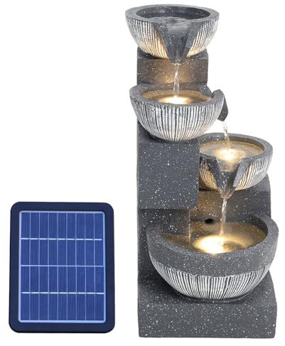 Warmiehomy Solar Water Fountain, 4 Tier Solar Water Feature, Waterfall with Solar Powered Pump and LED Lights for Outdoor, Garden Fountains and Water Features, Height 47.5CM, Grey