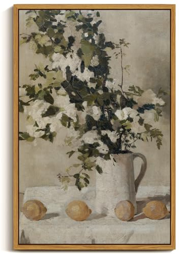 ARPEOTCY Large Framed Canvas Wall Art Prints, Floral Flowers and Lemons Vintage Art Decor Room Aesthetic Artwork, Farmhouse Still Life Painting Wall Decor for Bedroom Bathroom Office, 40x60cm