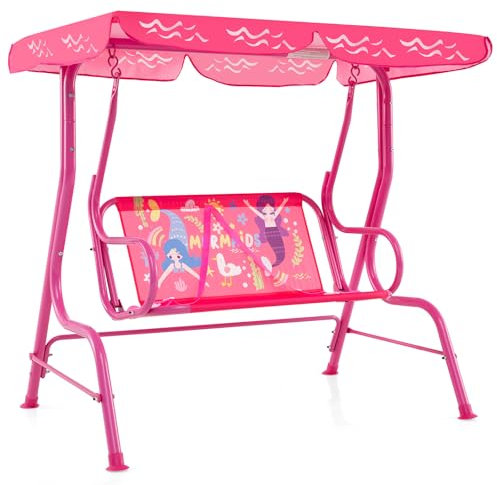 RELAX4LIFE Dondolo per Bambini a 2 Posti, con Tettoia Regolabile, Struttura in Metallo, Cinture di Sicurezza, Simpatici Motivi, per Cortile, Veranda e Balcone (ROSA)